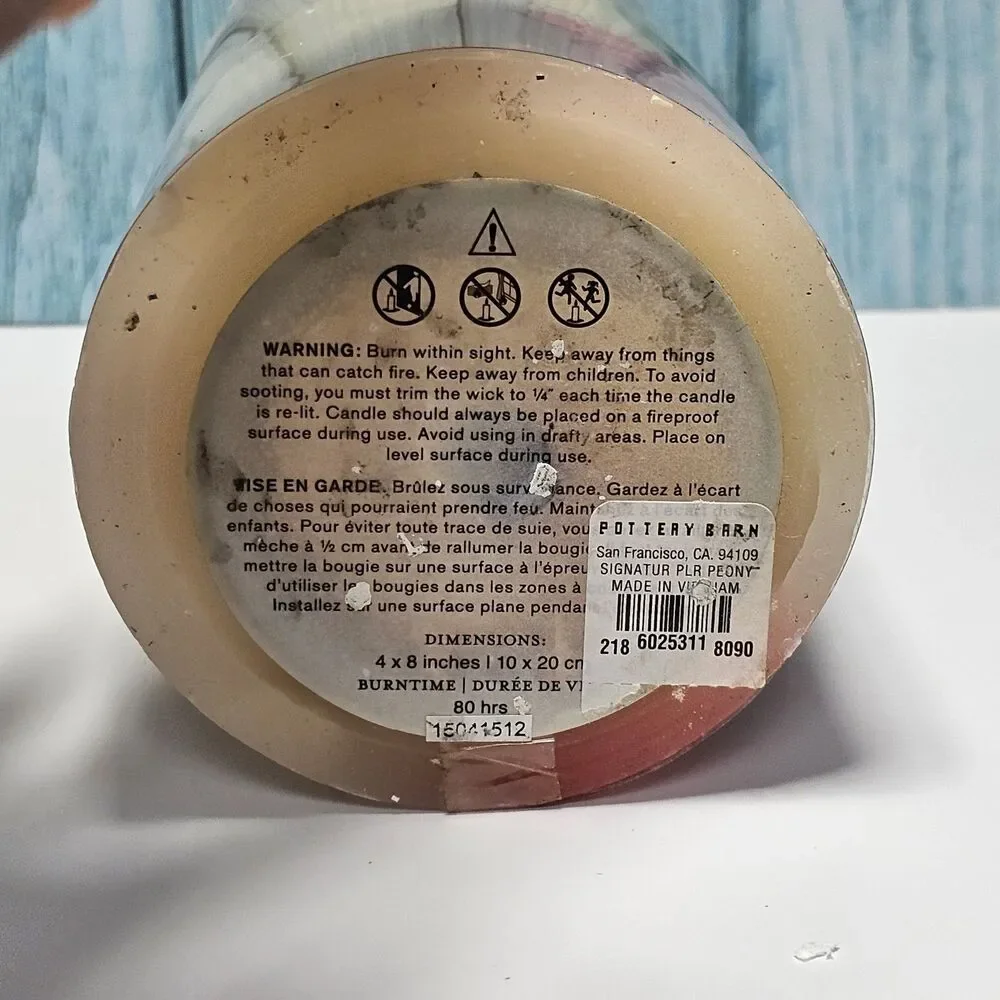 Pottery Barn 8 Inch 80 Hour Pink Peony Candle New With Flowers Bougie Perfume